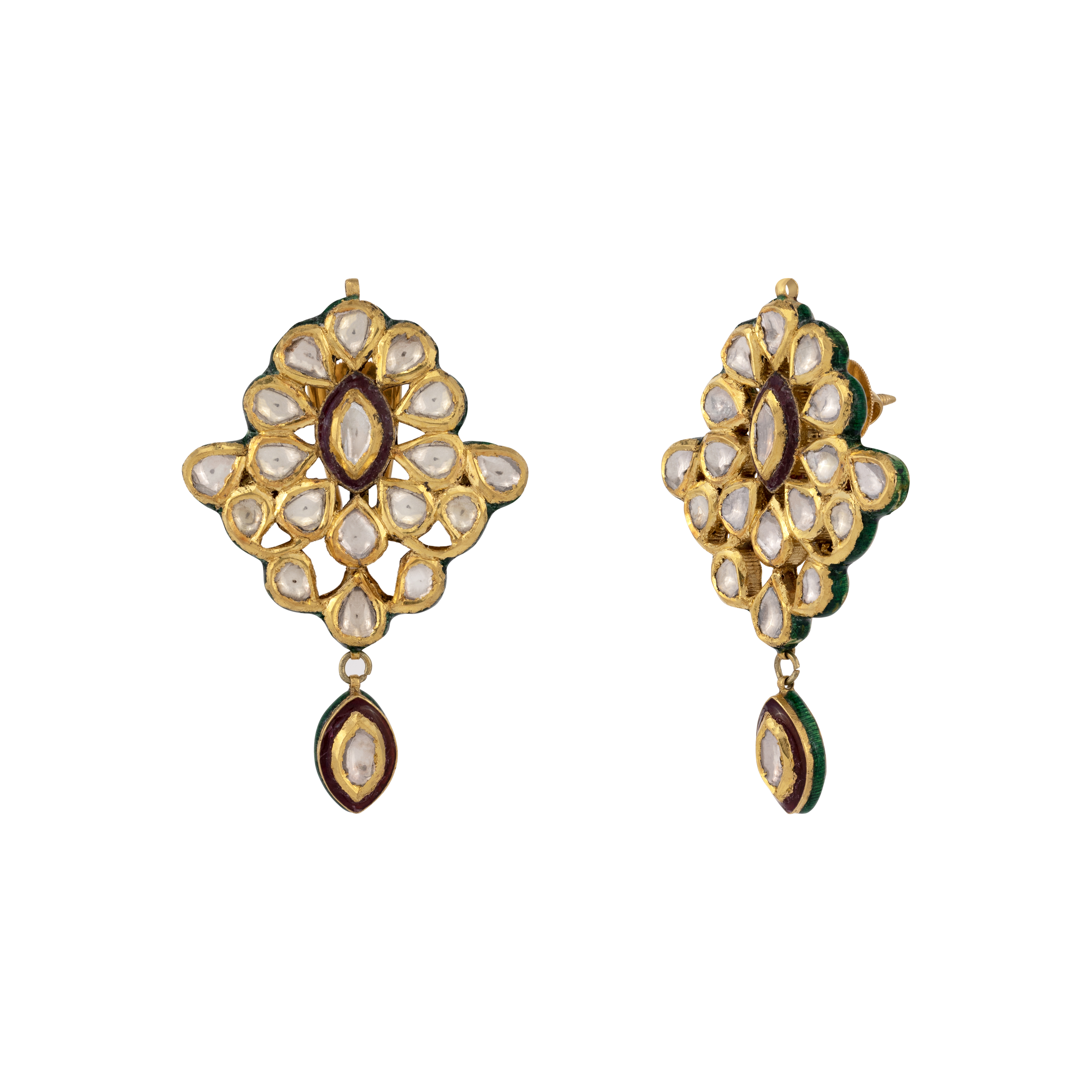 Floral Polki Earrings with Green and Red Meenakari